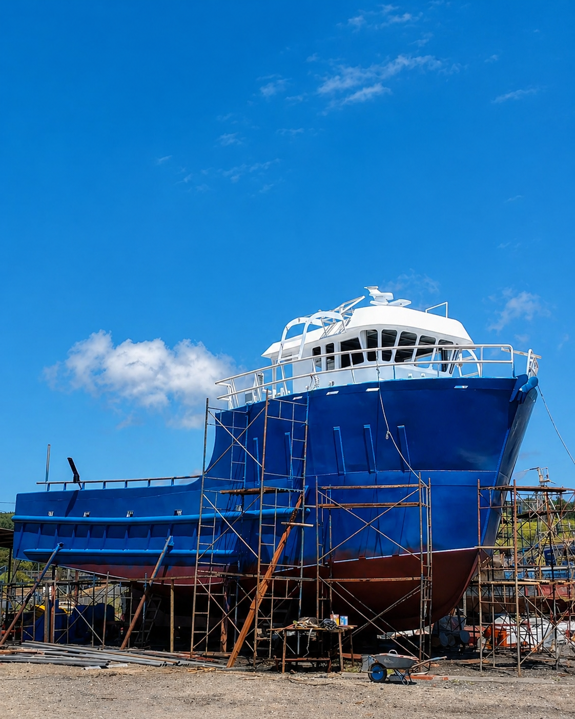 Embarcación azul en proceso de construcción